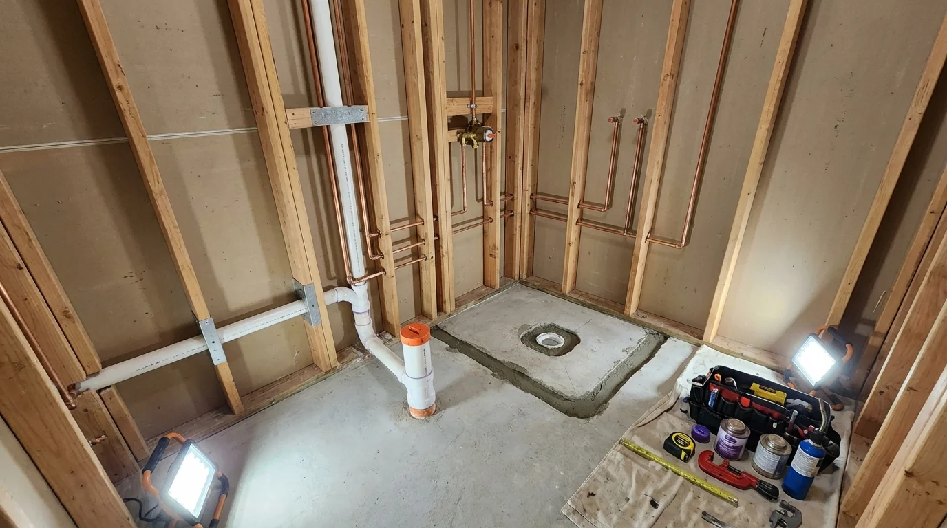 Bathroom rough-in plumbing during remodel by Johns Plumbing LLC in Elroy