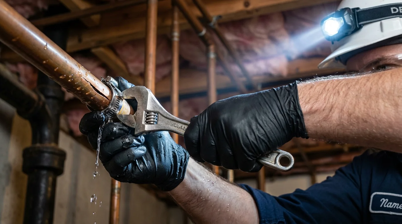 Emergency pipe clamp repair being performed by a Johns Plumbing LLC plumber in Elroy