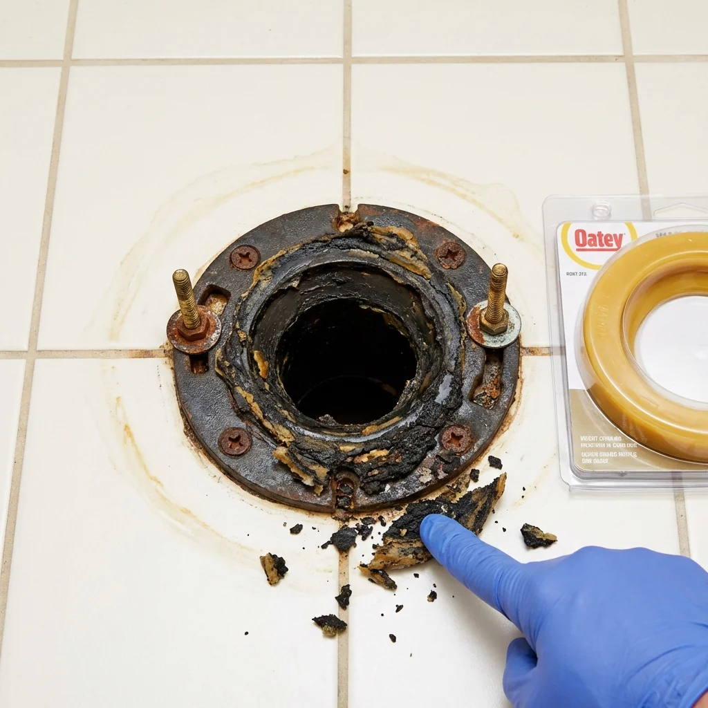 Failed wax ring showing water seepage at the base of a toilet in a Elroy, WI home