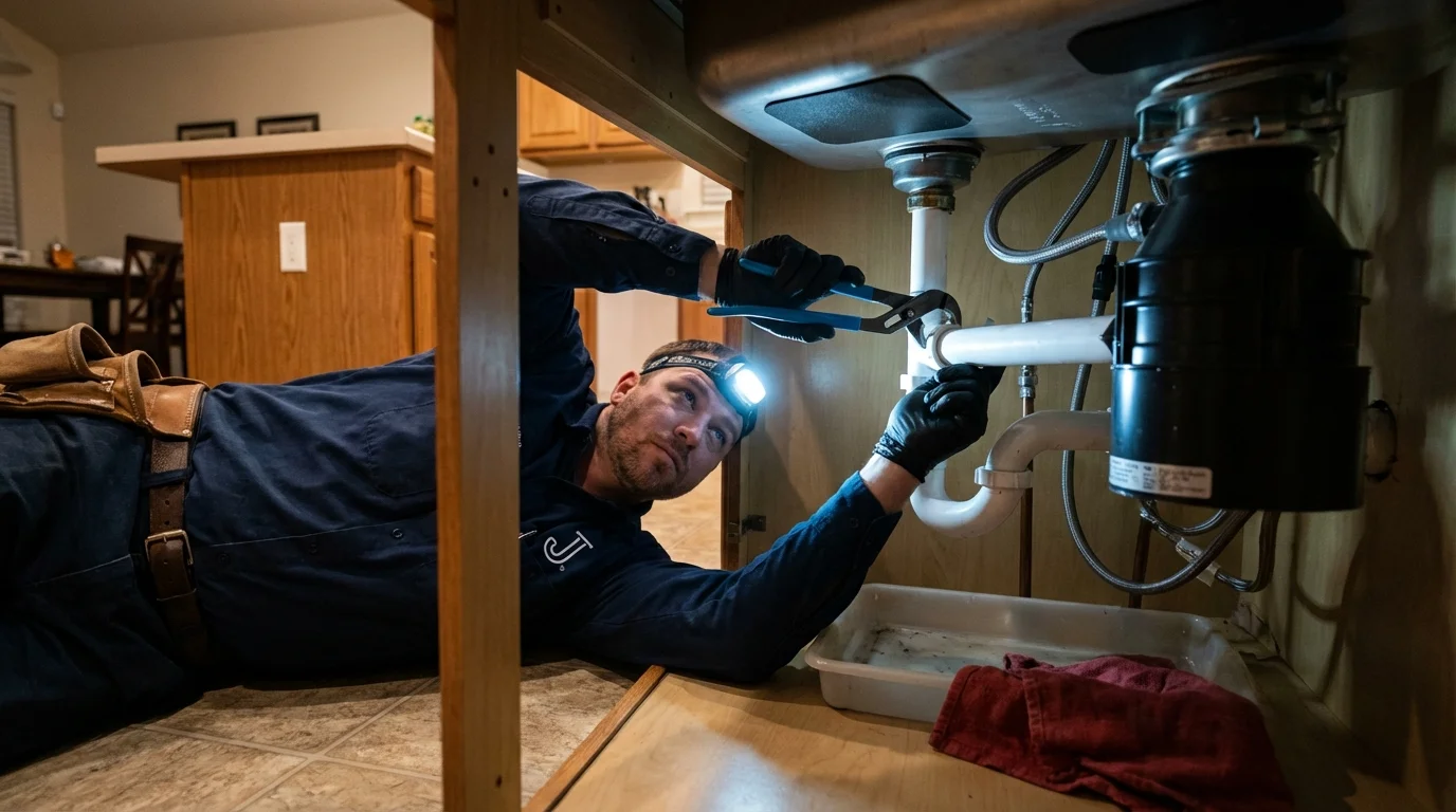 P-trap and supply line connections under a kitchen sink showing a common leak point in Elroy, WI